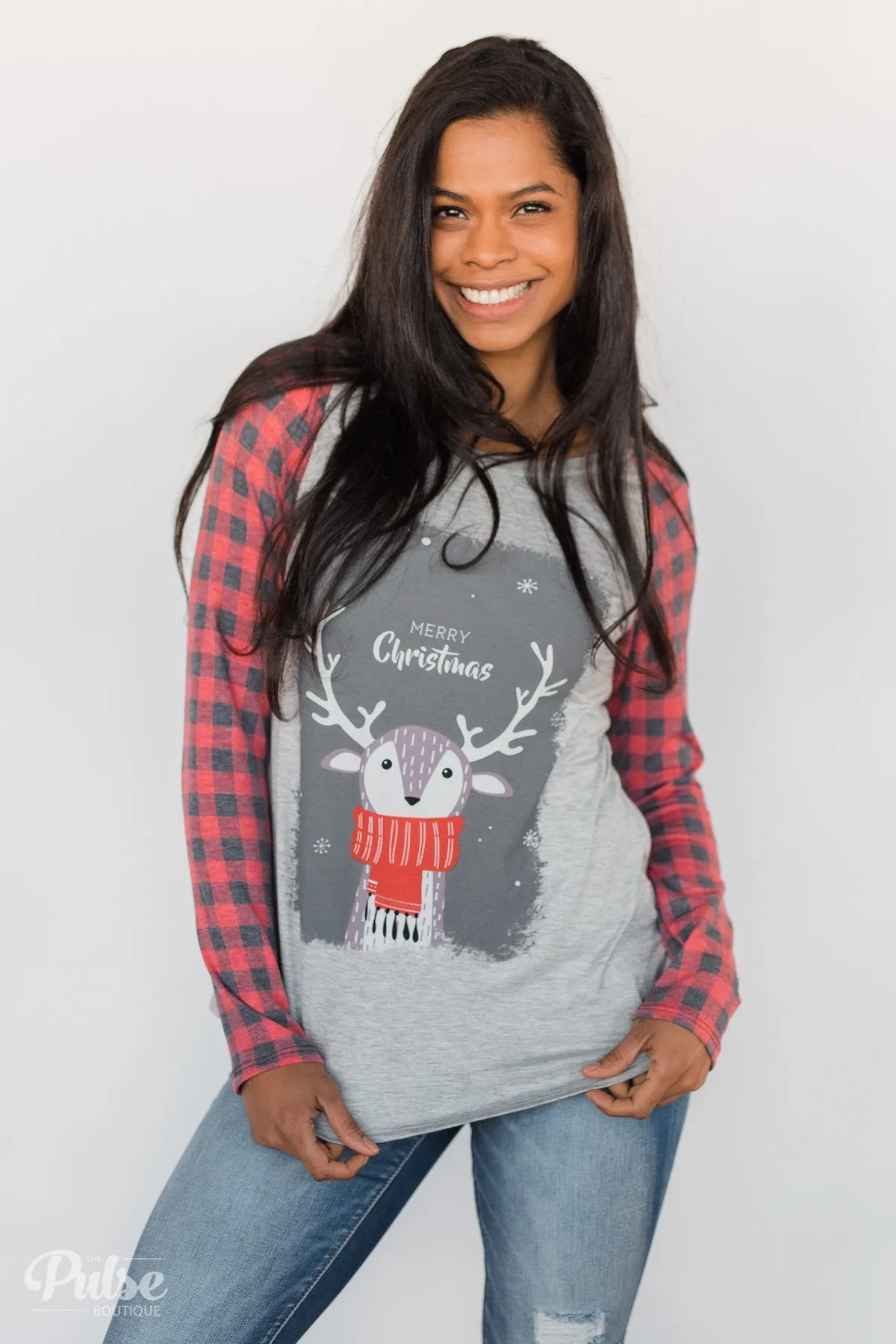 "Merry Christmas" Plaid Long Sleeve Top