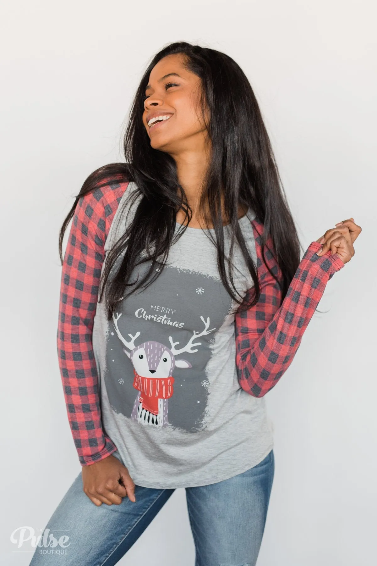 "Merry Christmas" Plaid Long Sleeve Top