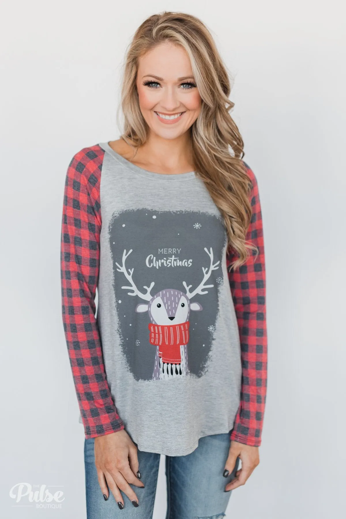"Merry Christmas" Plaid Long Sleeve Top