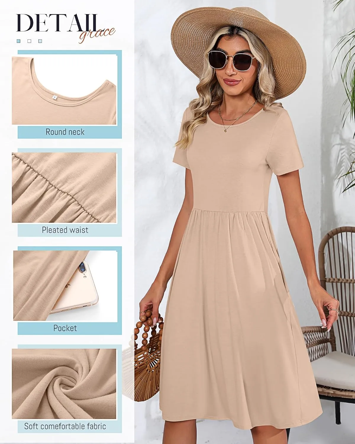 Riyiper 2 Pack Women Short Sleeve Dresses, Loose Fit Casual T Shirt Dress, Ladies Knee Length Swing Dress with Pockets