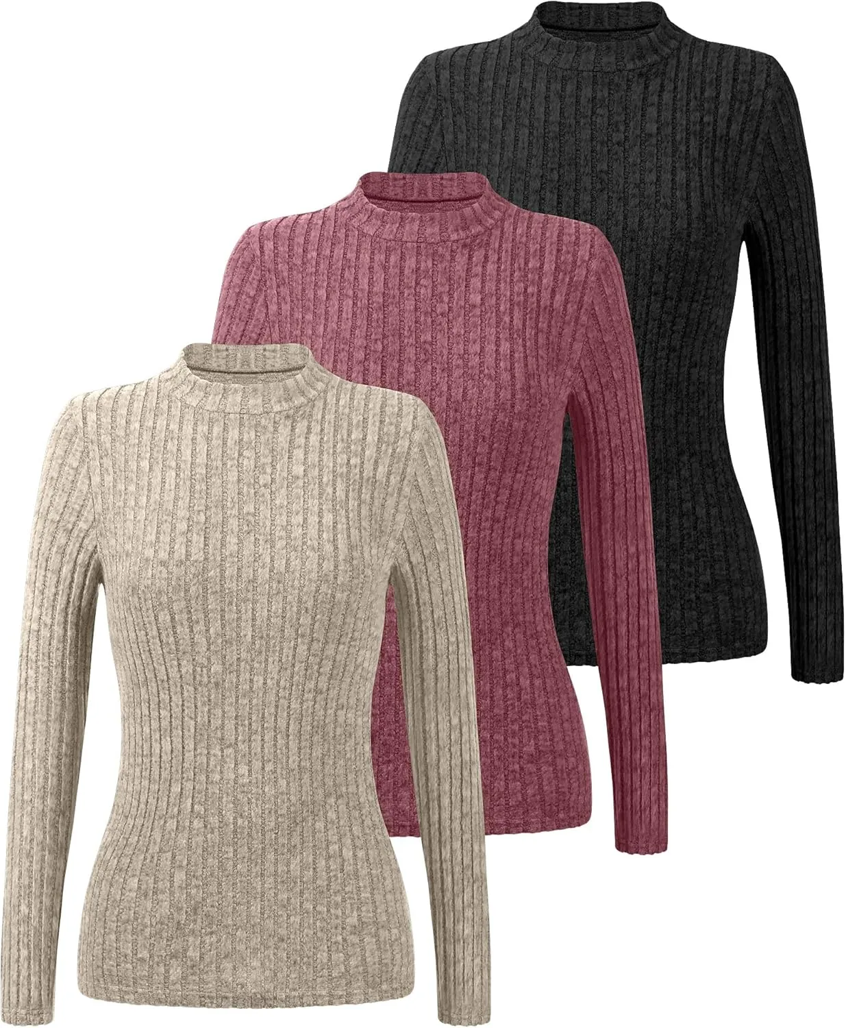 Riyiper 3 Pack Women's Mock Neck Sweaters, Long Sleeve Lightweight Tops Casual Soft Sweaters Knit Slim Fitted Basic Pullover