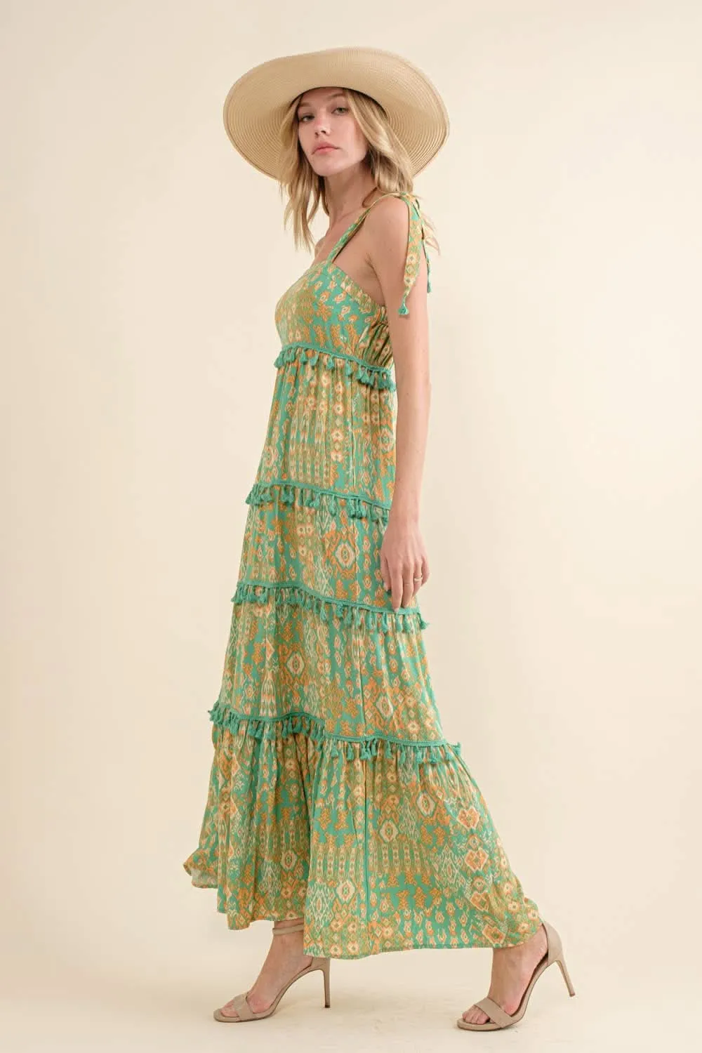 Seafoam Aztec Tiered Tassel Maxi Dress