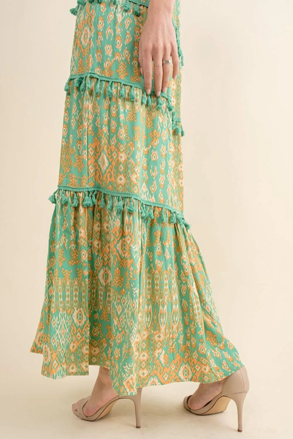 Seafoam Aztec Tiered Tassel Maxi Dress