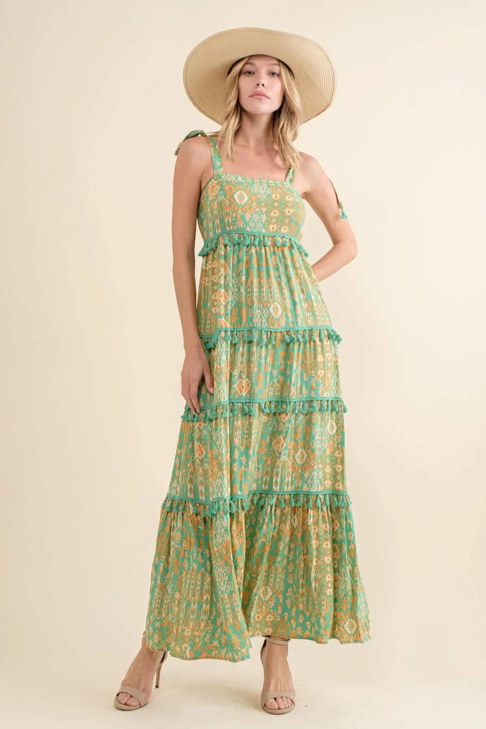 Seafoam Aztec Tiered Tassel Maxi Dress