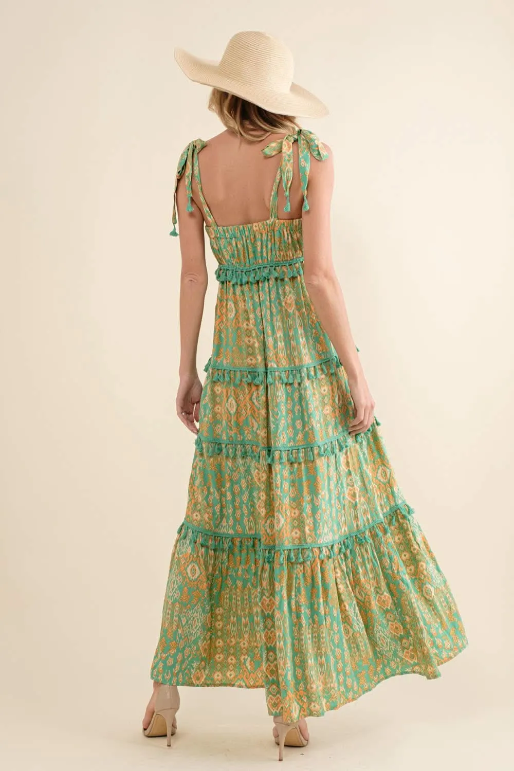 Seafoam Aztec Tiered Tassel Maxi Dress
