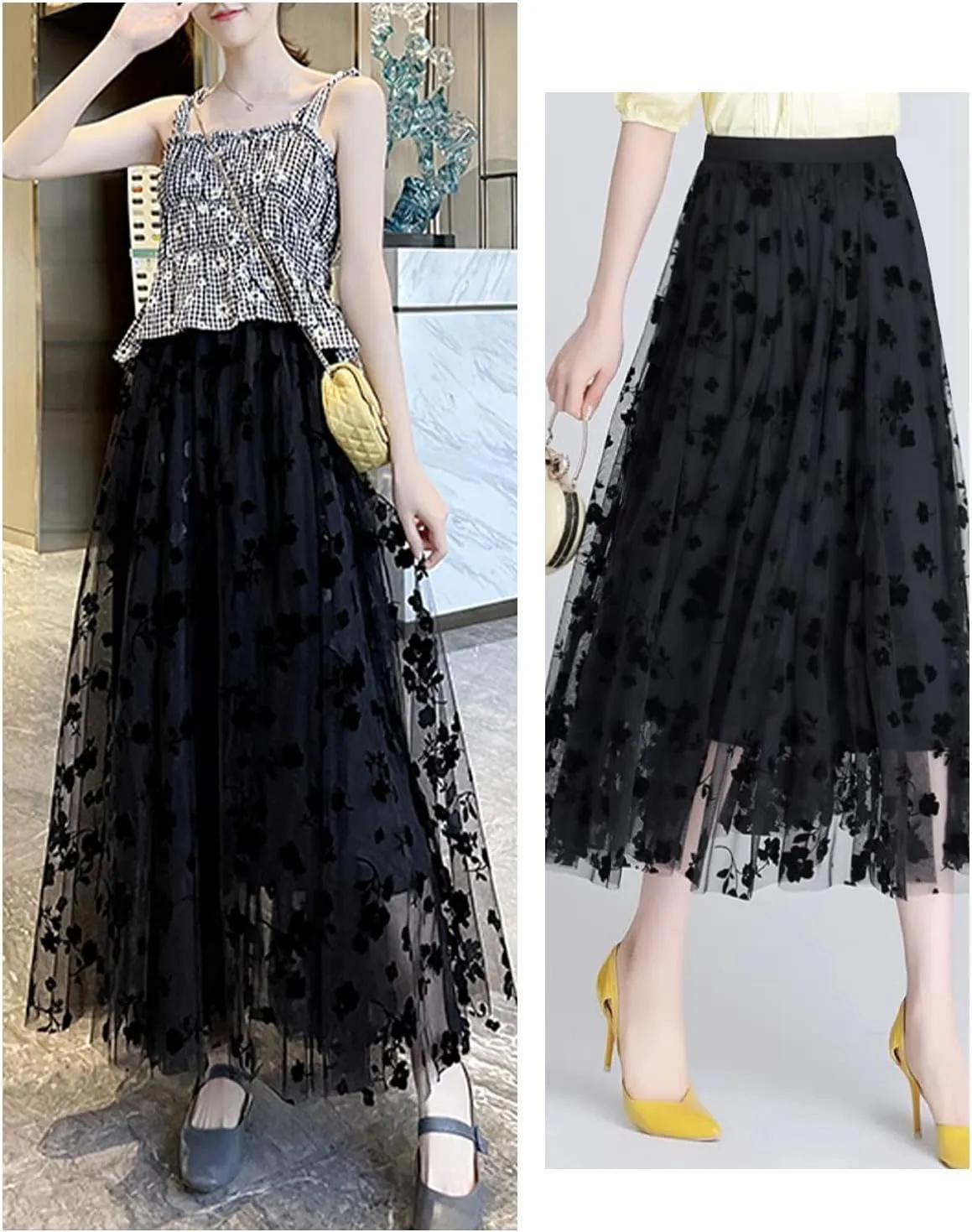 Skirts for Women Midi Long Length Dressy Casual Trendy Summer Tulle A-Line Floral High Waist Skirt