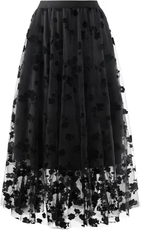 Skirts for Women Midi Long Length Dressy Casual Trendy Summer Tulle A-Line Floral High Waist Skirt