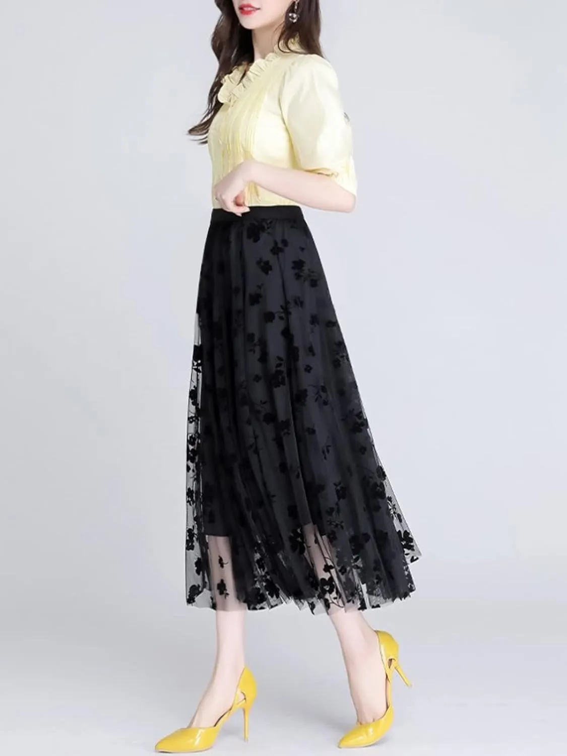 Skirts for Women Midi Long Length Dressy Casual Trendy Summer Tulle A-Line Floral High Waist Skirt