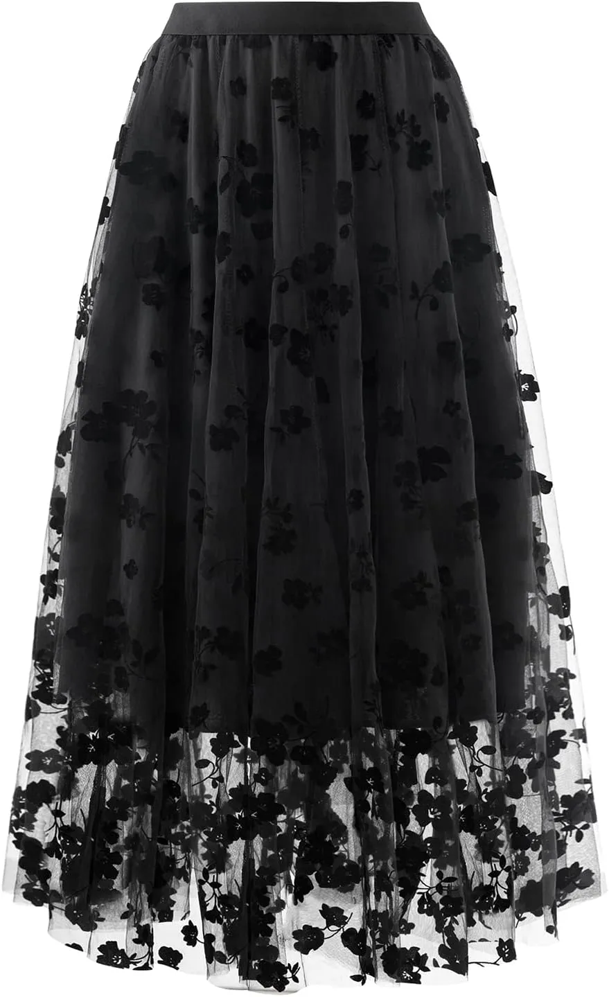 Skirts for Women Midi Long Length Dressy Casual Trendy Summer Tulle A-Line Floral High Waist Skirt