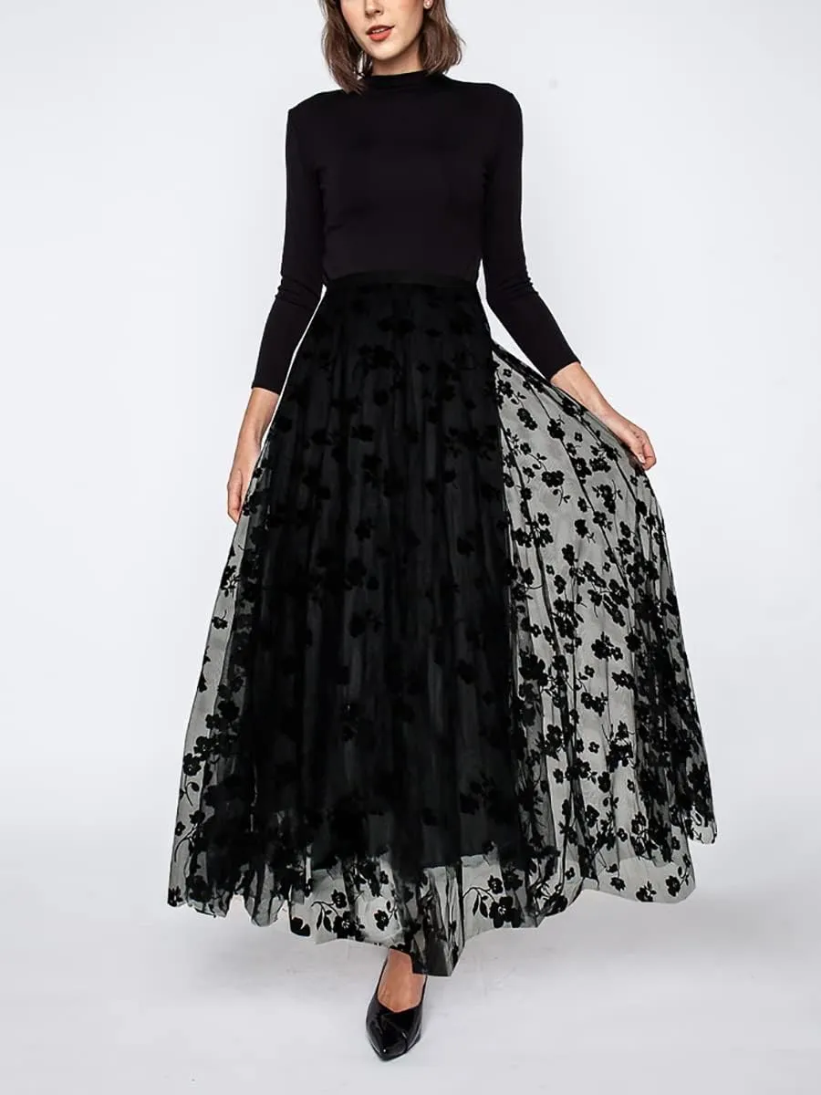 Skirts for Women Midi Long Length Dressy Casual Trendy Summer Tulle A-Line Floral High Waist Skirt