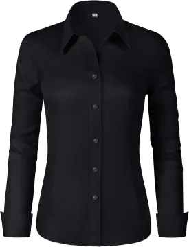 Soft Wrinkle-Free Women's Button Down Dress Shirts Solid Long Sleeve Work Blouses Fit Stretch Casual Tops XXS-4XL
