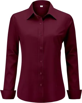 Soft Wrinkle-Free Women's Button Down Dress Shirts Solid Long Sleeve Work Blouses Fit Stretch Casual Tops XXS-6XL