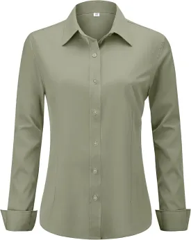 Soft Wrinkle-Free Women's Button Down Dress Shirts Solid Long Sleeve Work Blouses Fit Stretch Casual Tops XXS-6XL