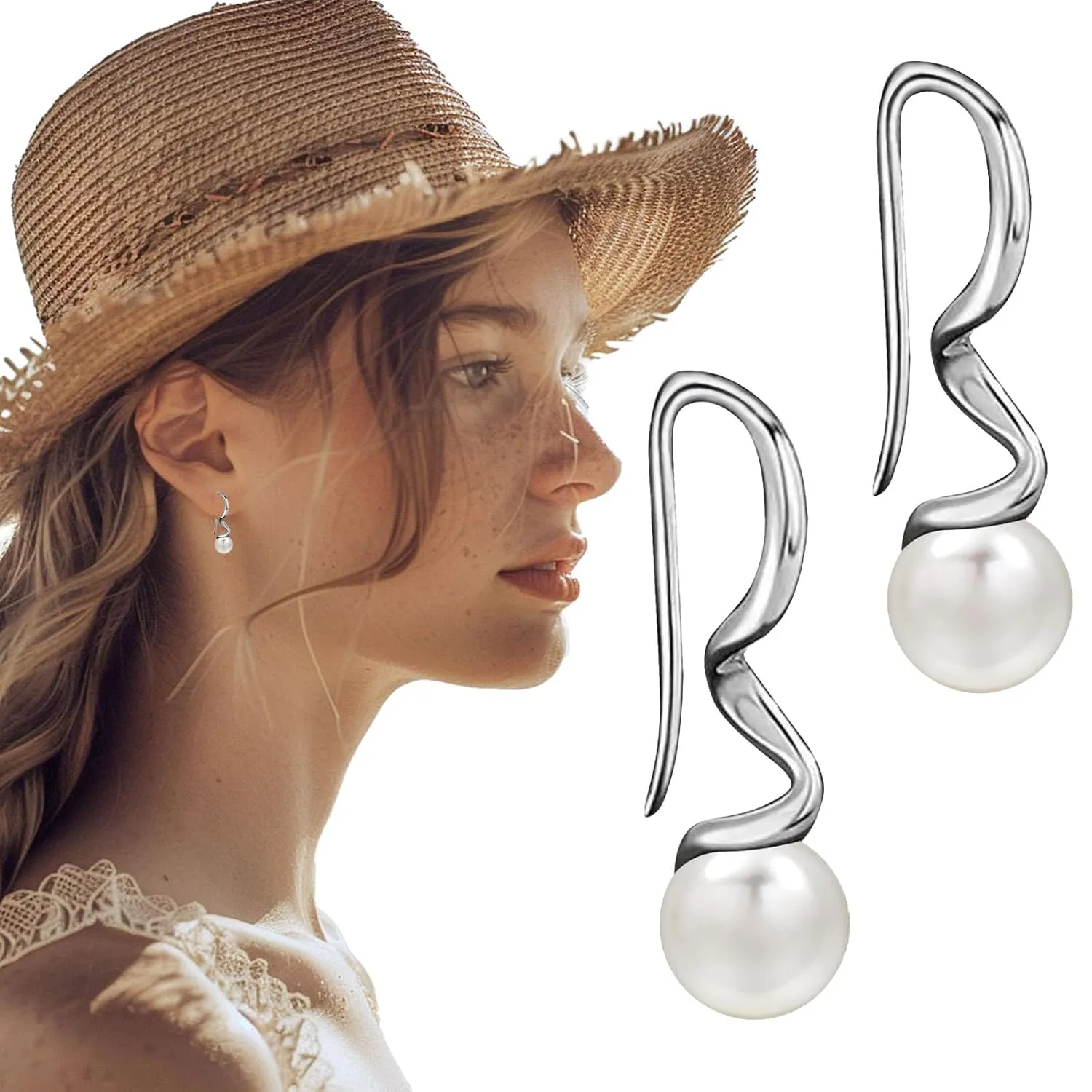 Spiral Threader Earrings for Teen Girls Women, WGXIA Pearl Threader Earrings Sterling Silver Pull Through Drop Dangle Earrings for Girls Trendy