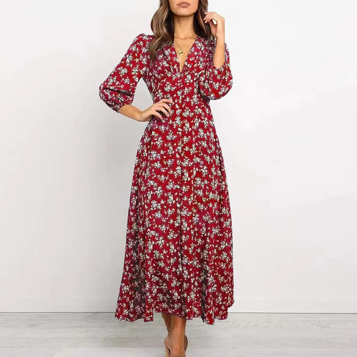 Summer Dresses for Women 2025 Fashion Floral Print V Neck 3/4 Sleeve Dress High Waist Boho Dresses Wrap Maxi Dress
