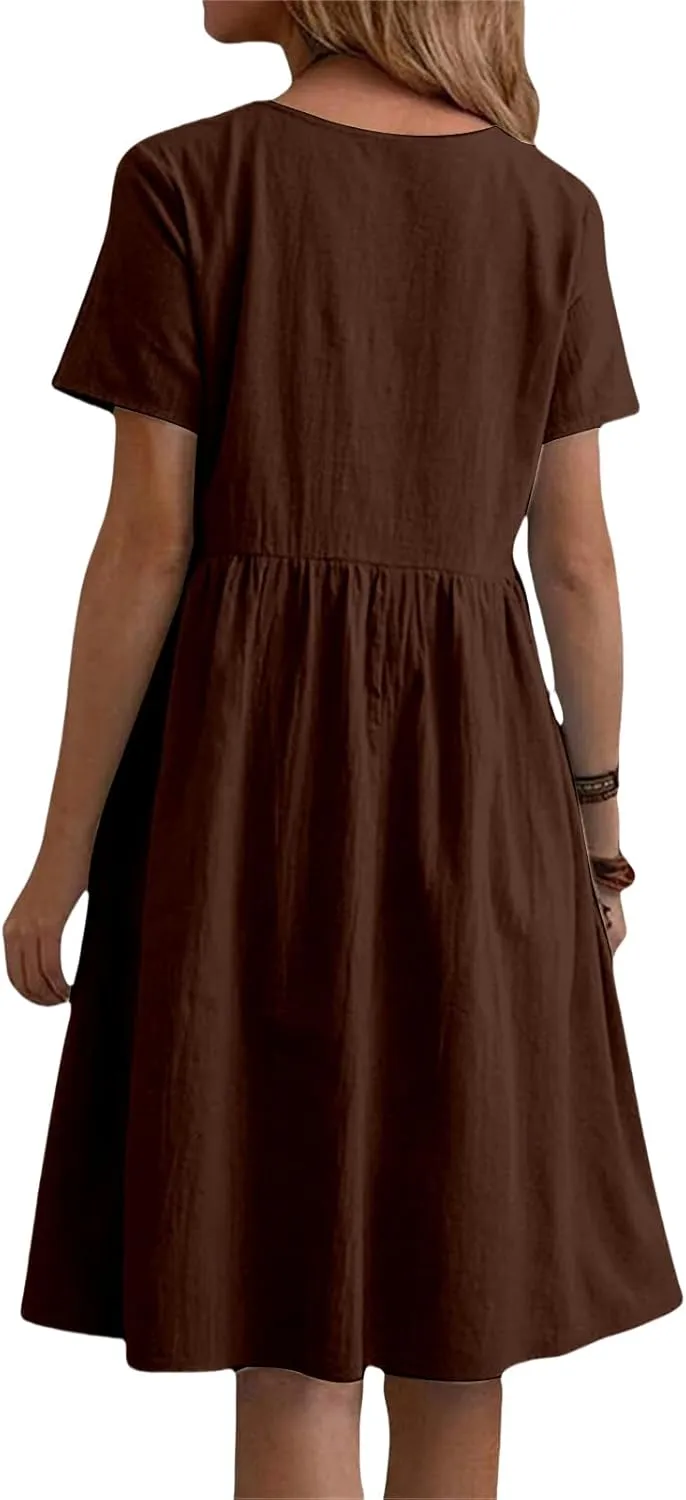 Summer Dresses for Women Cotton Linen Casual Midi Dresses Short Sleeve Crewneck Loose Flowy Dress with Pockets