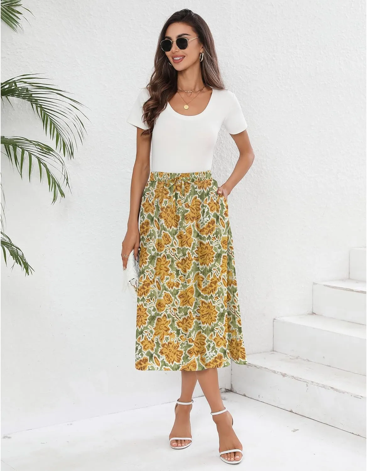 Summer Skirts with Pockets 2025 Boho Midi Length Skirt High Waisted Beach Cover Up for Women Trendy(S-2XL)
