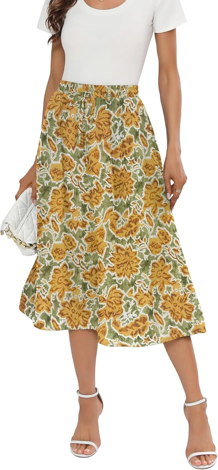 Summer Skirts with Pockets 2025 Boho Midi Length Skirt High Waisted Beach Cover Up for Women Trendy(S-2XL)