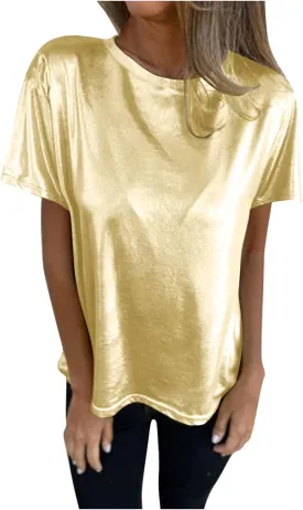 Summer T Shirts for Women Metallic Shiny Top Shiny Glitter Shirt Casual Round Neck Holographic Party Disco Club Tees