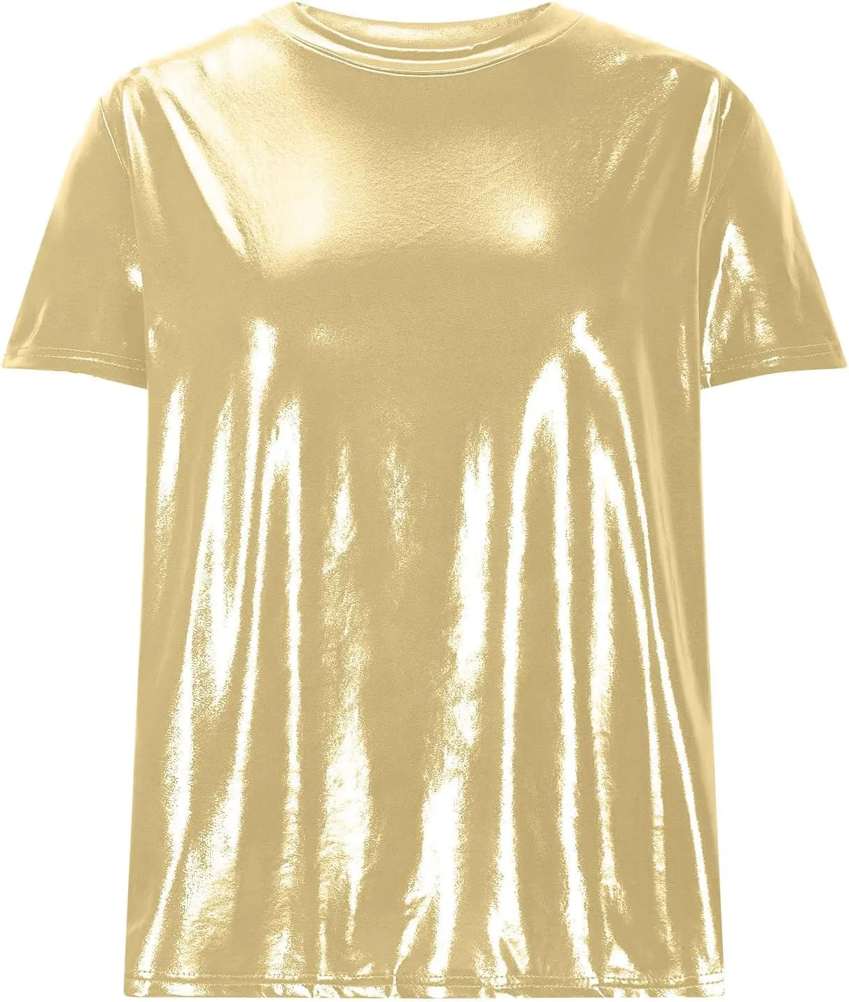 Summer T Shirts for Women Metallic Shiny Top Shiny Glitter Shirt Casual Round Neck Holographic Party Disco Club Tees
