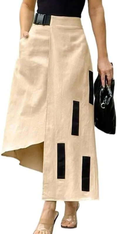 UOOZEE Women's Asymmetrical High Low Skirt Elastic High Waist Dressy Casual Business Work Midi Skirt with Pockets