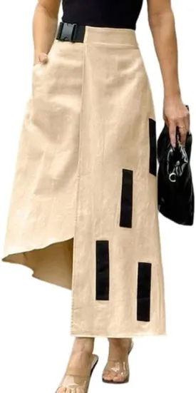UOOZEE Women's Asymmetrical High Low Skirt Elastic High Waist Dressy Casual Business Work Midi Skirt with Pockets