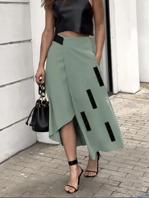 UOOZEE Women's Asymmetrical High Low Skirt Elastic High Waist Dressy Casual Business Work Midi Skirt with Pockets