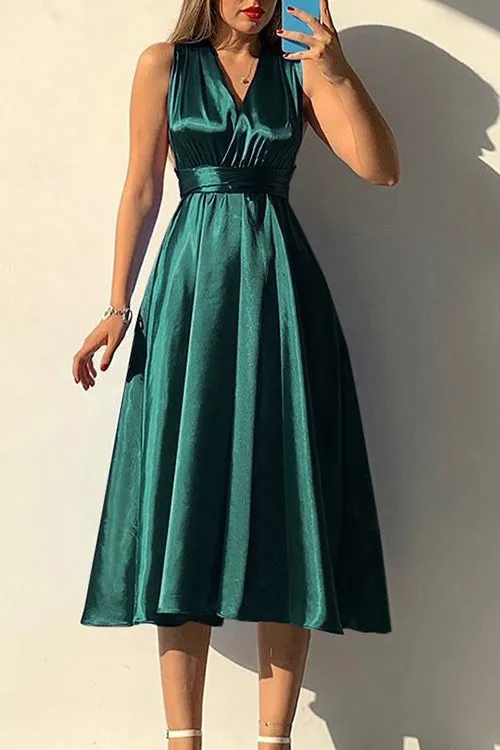 V Neck Cross Back Midi Dress