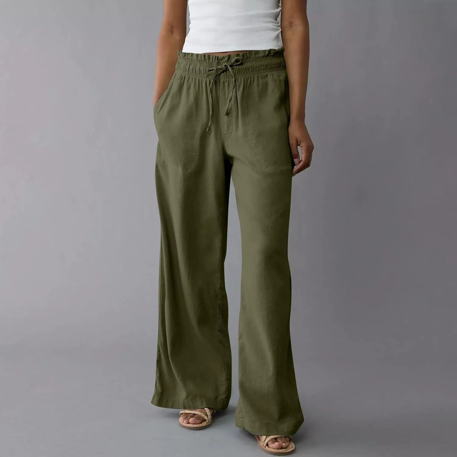 Wide Leg Linen Pants for Women 2025 Casual Loose High Waisted Pants with Pockets Flowy Comfy Beach Trousers Work Outfits