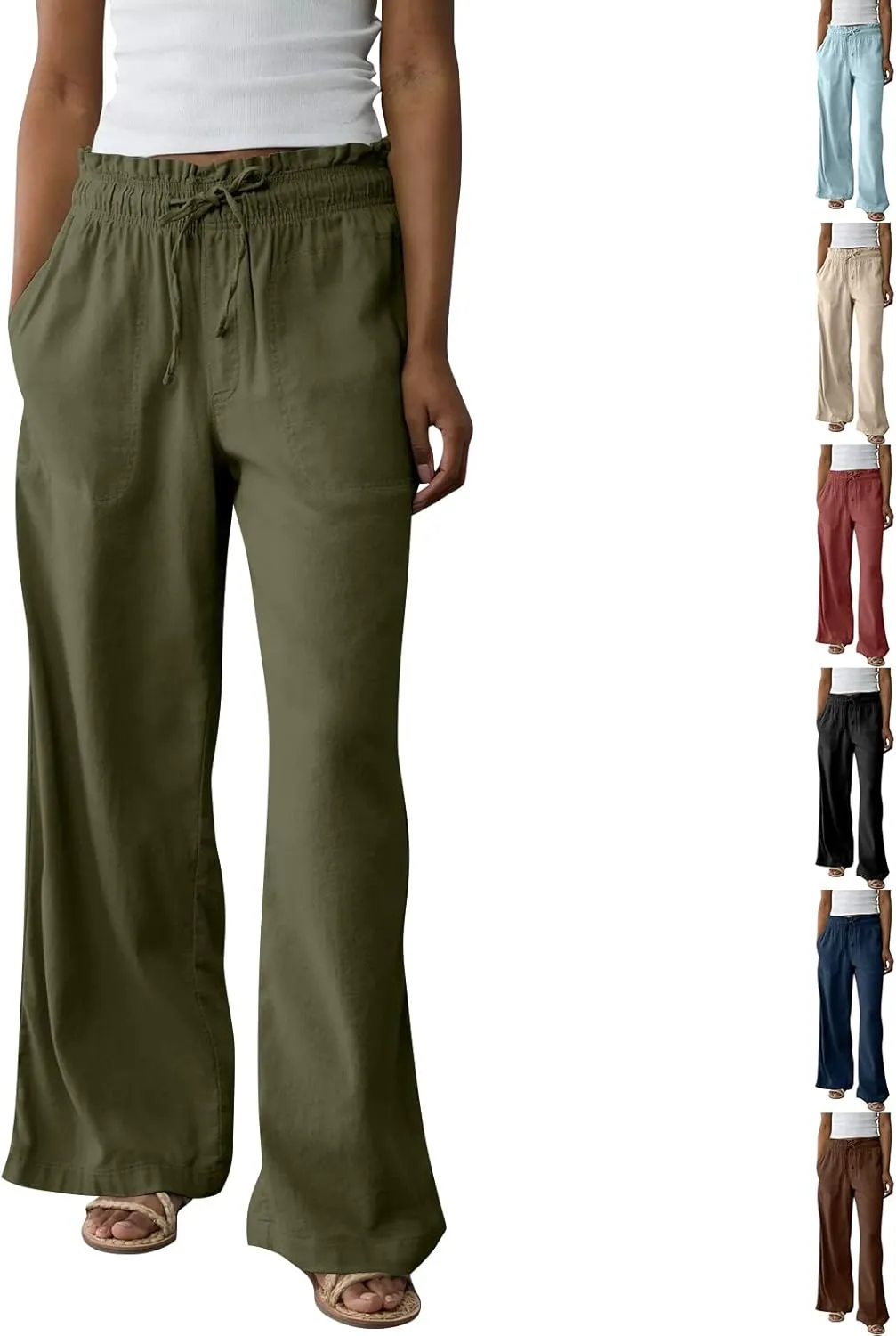 Wide Leg Linen Pants for Women 2025 Casual Loose High Waisted Pants with Pockets Flowy Comfy Beach Trousers Work Outfits