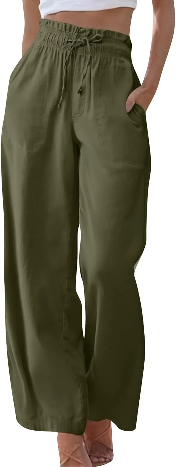 Wide Leg Linen Pants for Women 2025 Casual Loose High Waisted Pants with Pockets Flowy Comfy Beach Trousers Work Outfits