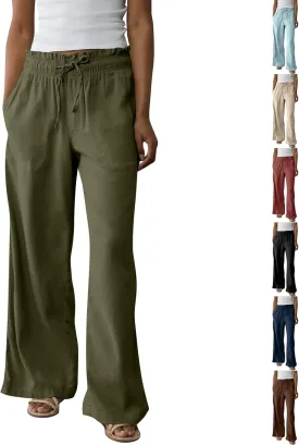Wide Leg Linen Pants for Women 2025 Casual Loose High Waisted Pants with Pockets Flowy Comfy Beach Trousers Work Outfits