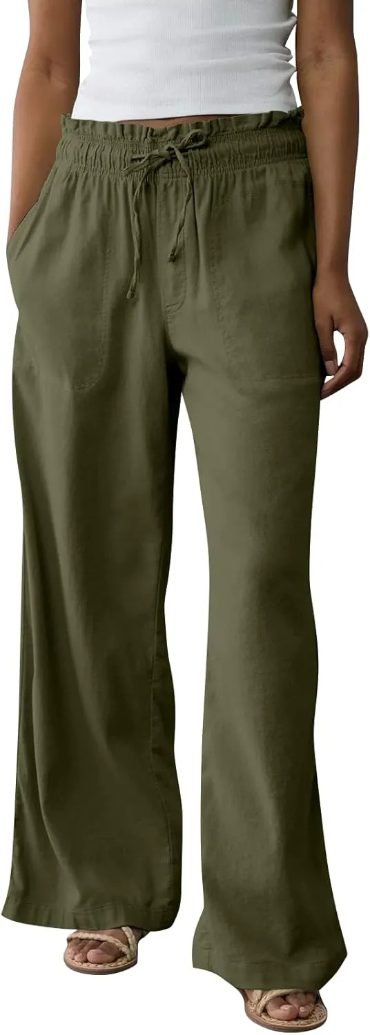 Wide Leg Linen Pants for Women 2025 Casual Loose High Waisted Pants with Pockets Flowy Comfy Beach Trousers Work Outfits
