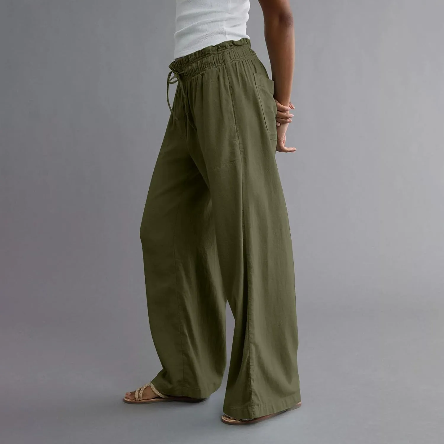 Wide Leg Linen Pants for Women 2025 Casual Loose High Waisted Pants with Pockets Flowy Comfy Beach Trousers Work Outfits
