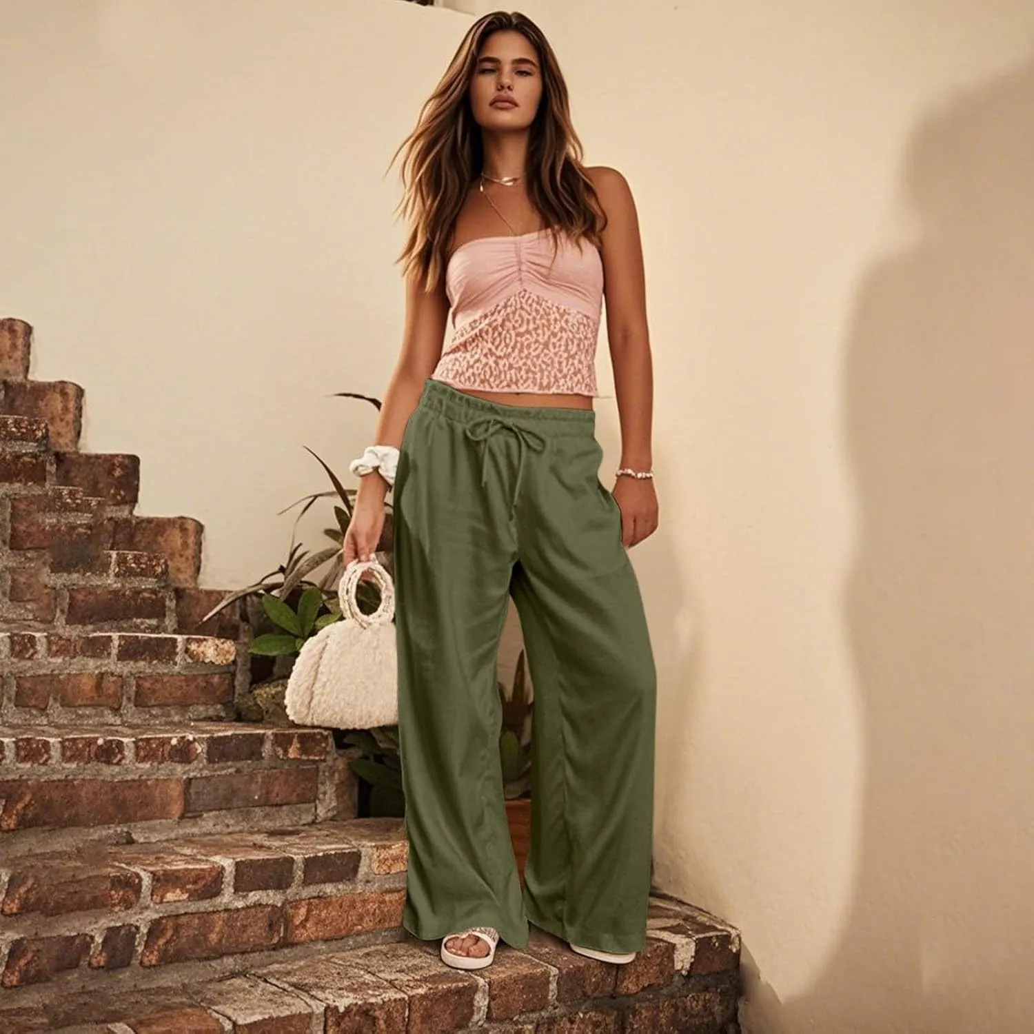 Wide Leg Linen Pants for Women 2025 Casual Loose High Waisted Pants with Pockets Flowy Comfy Beach Trousers Work Outfits