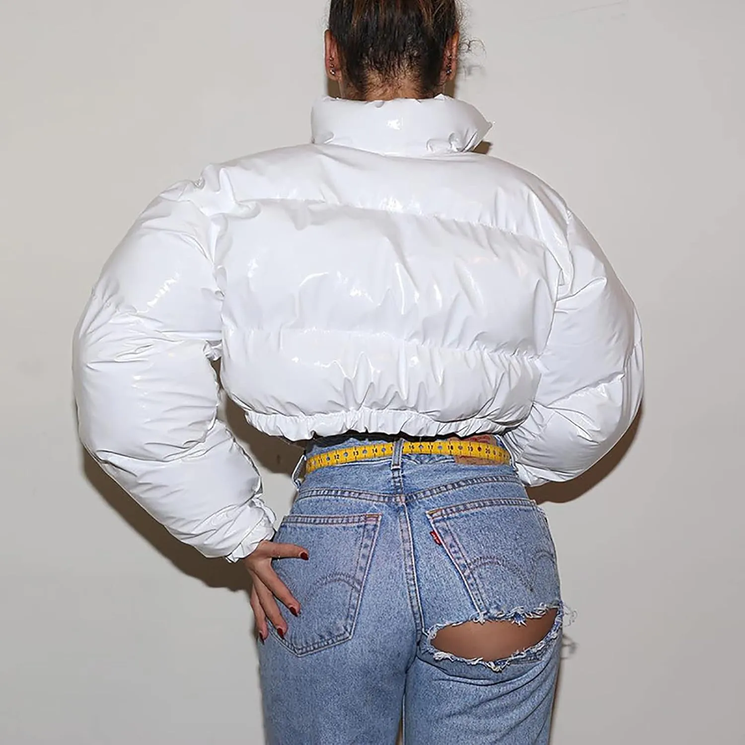Women Cropped Puffer Jacket Winter Shiny Coat Parka Fashion Zip Up Short Bubble Padded Down Coats Fashion Y2k Outerwear