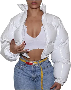 Women Cropped Puffer Jacket Winter Shiny Coat Parka Fashion Zip Up Short Bubble Padded Down Coats Fashion Y2k Outerwear