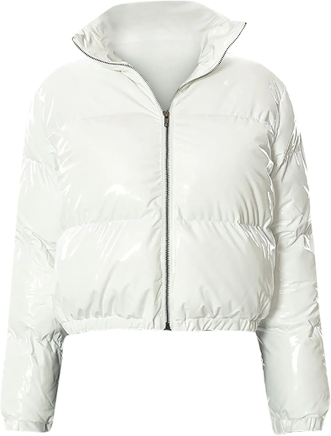Women Cropped Puffer Jacket Winter Shiny Coat Parka Fashion Zip Up Short Bubble Padded Down Coats Fashion Y2k Outerwear