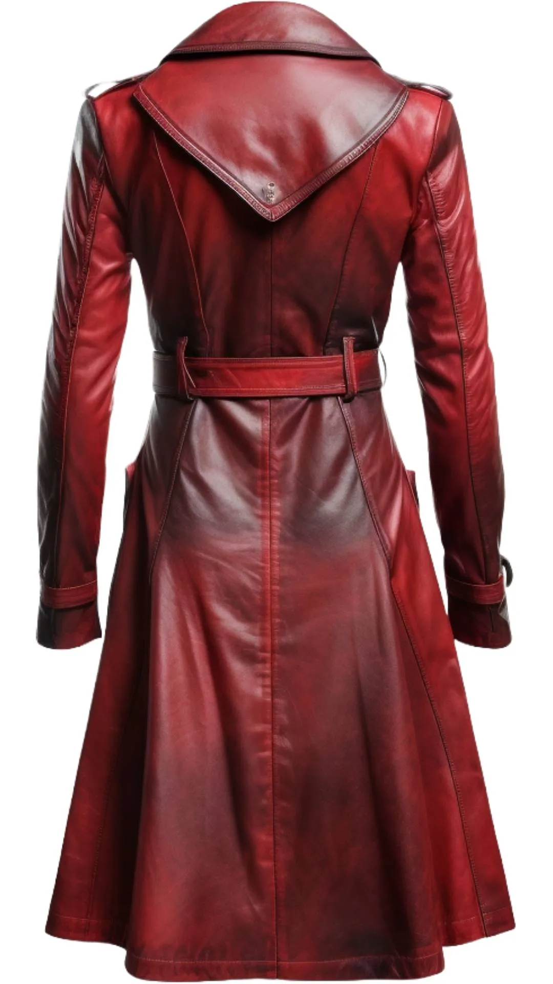 Women Distressed Red Leather Long Coat - Distressed Leather Coat