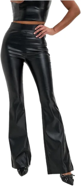 Women Faux Leather Flare Pants High Waisted Skinny Bell Bottoms Pu Leggings Casual Trendy Bootcut Pants with Pockets