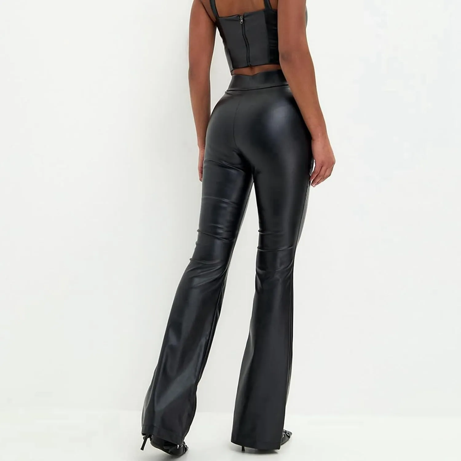Women Faux Leather Flare Pants High Waisted Skinny Bell Bottoms Pu Leggings Casual Trendy Bootcut Pants with Pockets