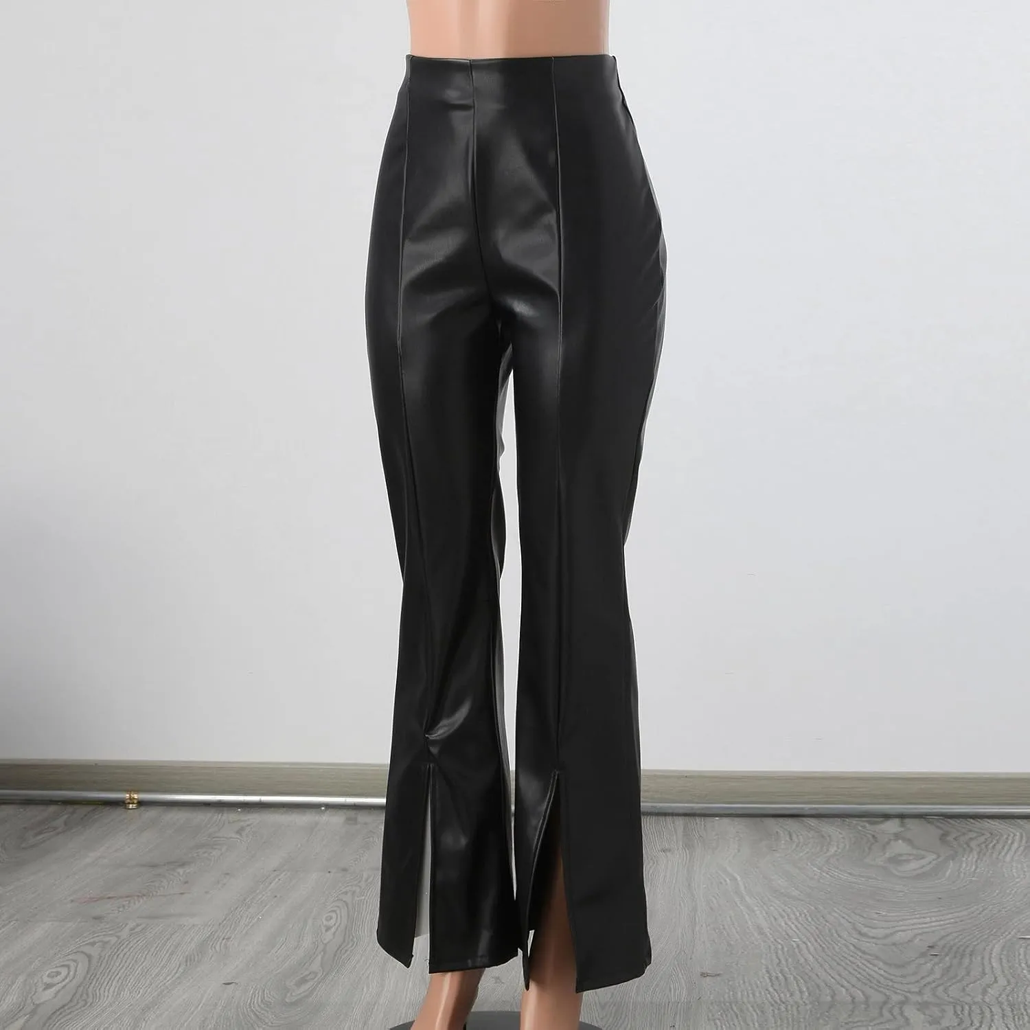 Women Faux Leather Flare Pants High Waisted Skinny Bell Bottoms Pu Leggings Casual Trendy Bootcut Pants with Pockets