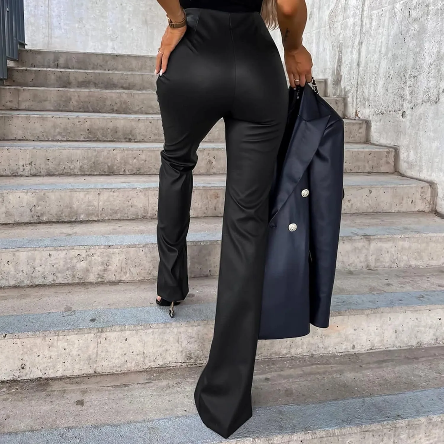 Women Faux Leather Flare Pants High Waisted Skinny Bell Bottoms Pu Leggings Casual Trendy Bootcut Pants with Pockets