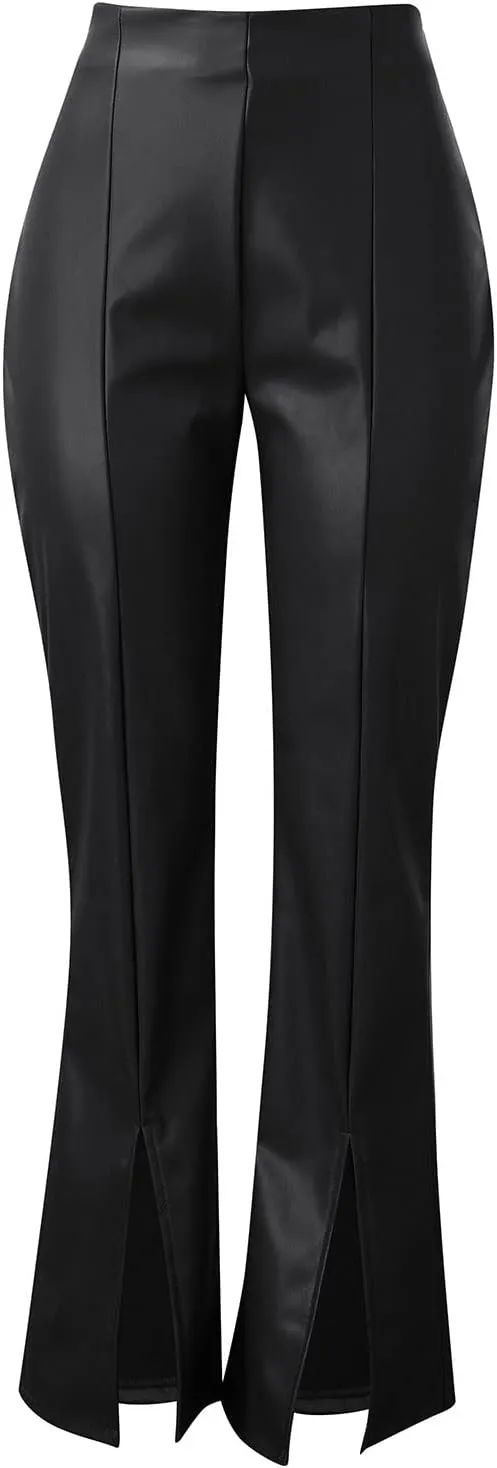 Women Faux Leather Flare Pants High Waisted Skinny Bell Bottoms Pu Leggings Casual Trendy Bootcut Pants with Pockets