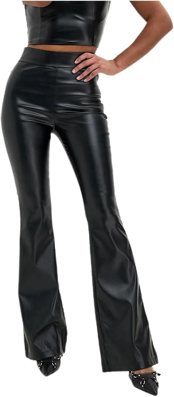 Women Faux Leather Flare Pants High Waisted Skinny Bell Bottoms Pu Leggings Casual Trendy Bootcut Pants with Pockets