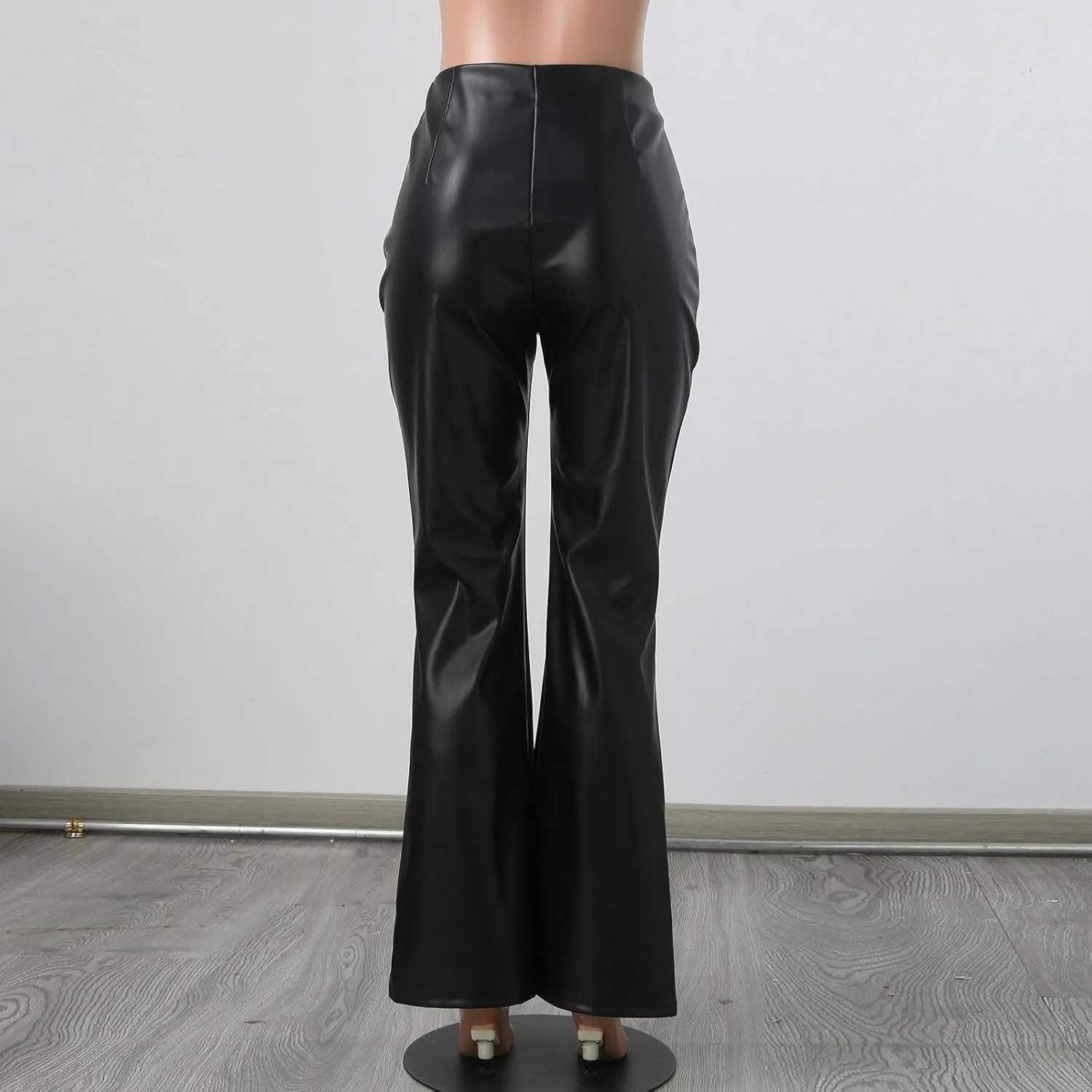 Women Faux Leather Flare Pants High Waisted Skinny Bell Bottoms Pu Leggings Casual Trendy Bootcut Pants with Pockets