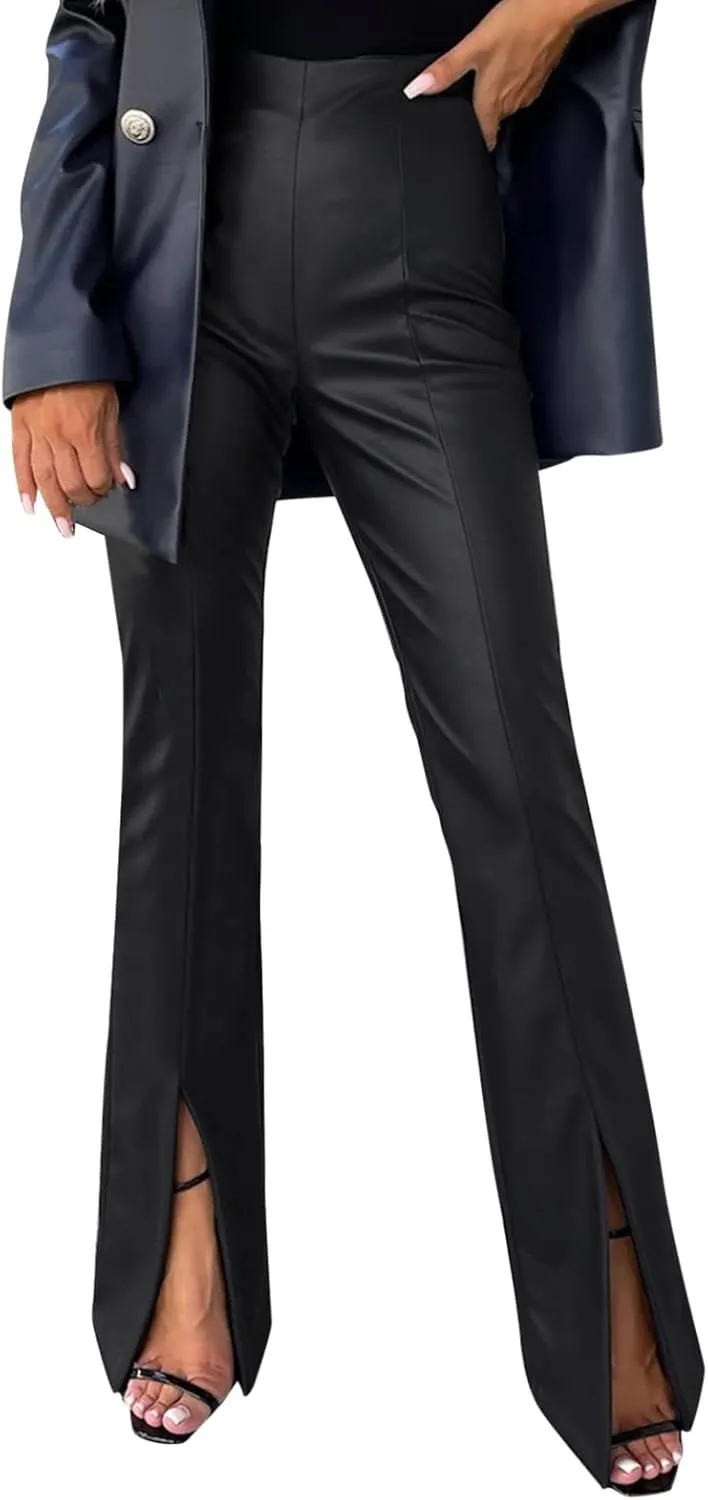 Women Faux Leather Flare Pants High Waisted Skinny Bell Bottoms Pu Leggings Casual Trendy Bootcut Pants with Pockets