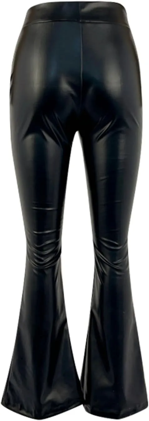 Women Faux Leather Flare Pants High Waisted Skinny Bell Bottoms Pu Leggings Casual Trendy Bootcut Pants with Pockets