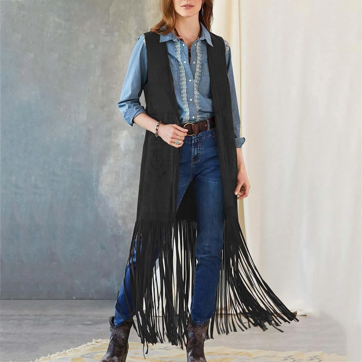 Women Fringe Tassel Vest 70s Vintage Western Cowgirl Long Waistcoat Faux Suede Sleeveless Jacket Shacket Fall Outwear