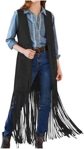 Women Fringe Tassel Vest 70s Vintage Western Cowgirl Long Waistcoat Faux Suede Sleeveless Jacket Shacket Fall Outwear